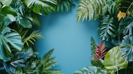 Tropical leaves frame, blue background, nature, design