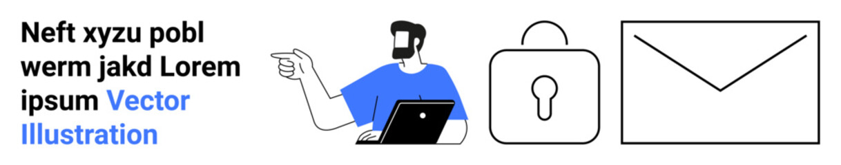 Man working on laptop, lock representing security, envelope symbolizing email. Ideal for technology, cybersecurity, information sharing, email marketing, privacy, data protection flat landing page
