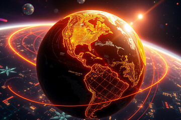 A glowing planet resembling Earth with orange continents is encircled by bright rings in space. A digital and futuristic representation of a global network.