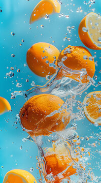 Juicy oranges splashing into water creating a vibrant explosion of color and freshness A refreshing summer scene with a burst of energy