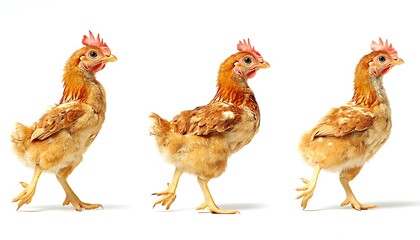 Fototapeta premium Three Chickens Walking Against White