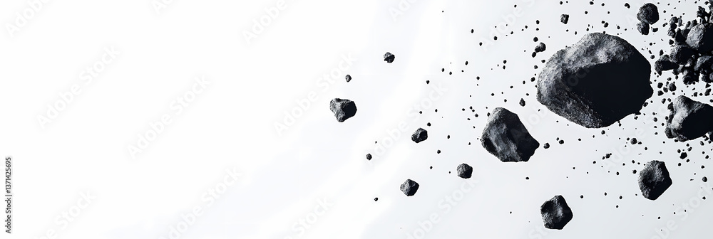 Poster cosmic debris: dramatic view of scattered asteroids or meteorites, showcasing the rugged textures an