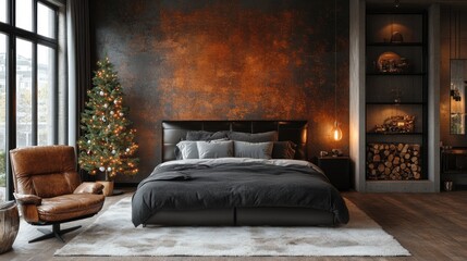 Modern, cozy bedroom with Christmas tree, city view, and rustic wall