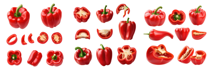 Set of fresh whole and sliced red bell pepper isolated on transparent background. PNG, Set of