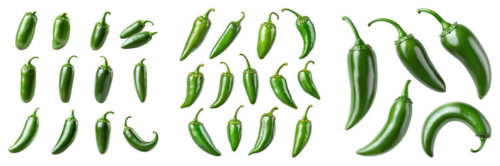 Green hot spicy jalapenos isolated on transparent background. PNG, Set of