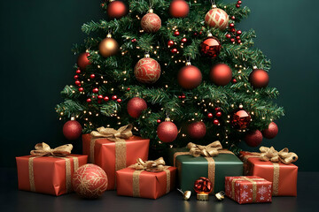 Festive Christmas Tree With Red Ornaments and Wrapped Gifts Photo
