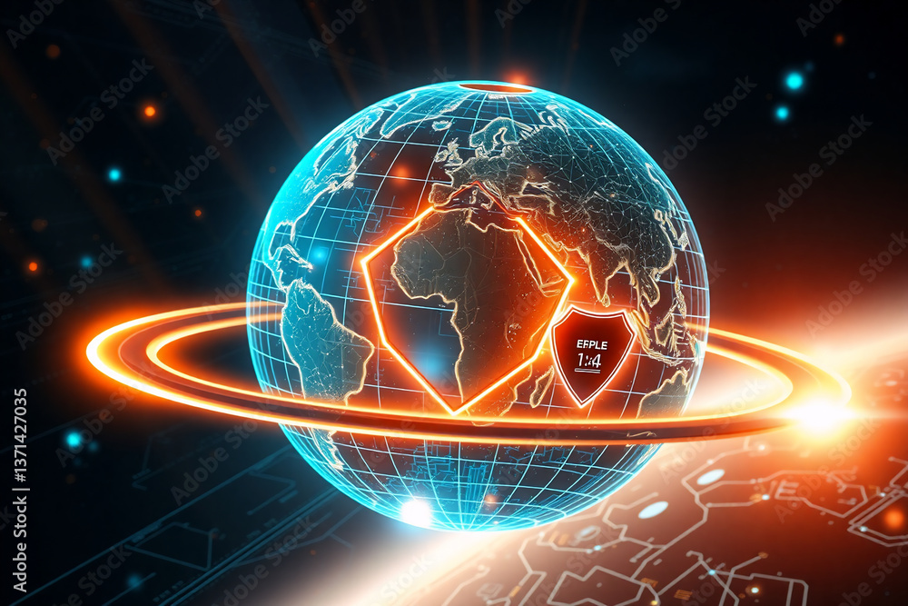 Poster a digital globe with glowing orange rings and shield emblem, symbolizes global network protection. f