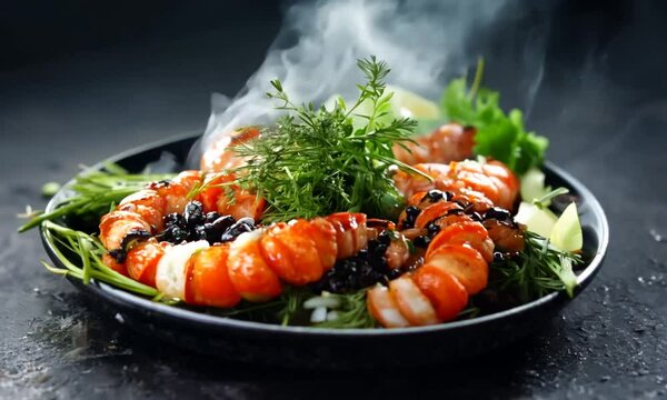 Boiled tiger prawns with salt, spices, herbs and vegetables on a dark concrete background