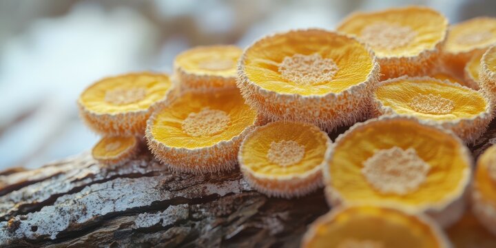 Fungi growing on a log in a forest showcasing vibrant yellow circular patterns on the wood at sunrise