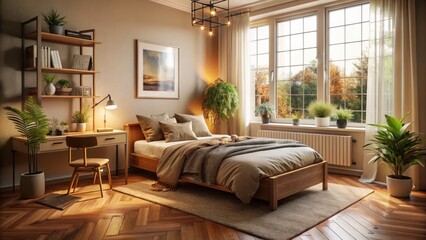 Cozy Small Bedroom with Single Bed, Minimalist Design, Natural Light, Warm Tones, Modern Decor, Personal Space, Relaxing Atmosphere, Home Interior,