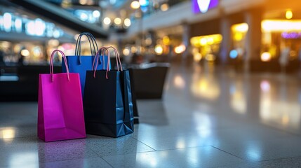 Naklejka premium Colorful shopping bags in a modern mall setting with blurred background lights and ambiance