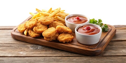 Crispy Fried Chicken Nuggets with French Fries, Delicious Sauce - Wooden Table Food Photography