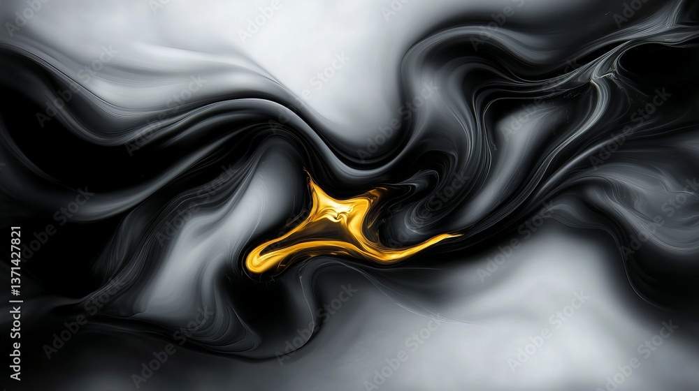 Poster golden fluid swirls within a dark, smoke-like pattern against a light grey background, creating an a