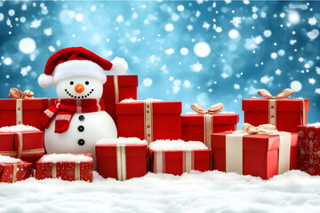 Festive Snowman with Presents in Winter Illustration with Blue