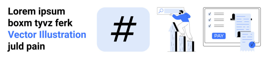 Obraz premium Man exploring analytics on bar charts, large metadata tag element, and digital payment interface. Ideal for social media, data analysis, online transactions, digital marketing, fintech, modern