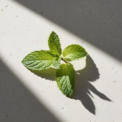 Fresh mint leaves on beige stone surface with sunlight and shadow