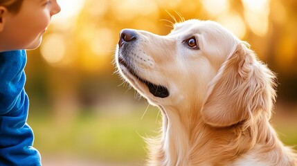Golden Retriever looks up at a child outside with its attention fully focused and interested.