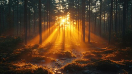 Obraz premium Golden sunrise rays through misty forest