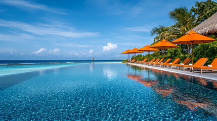 Paradise Found: A luxurious infinity pool merges seamlessly with the turquoise ocean under a bright blue sky, inviting you to relax and unwind. Orange umbrellas and sunbeds line the pool's edge.