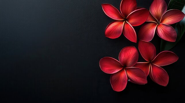Red fowers plumeria on black background copy space.