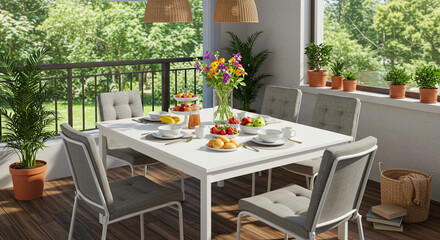Obraz premium A peaceful morning brunch on a sun-drenched balcony, surrounded by lush greenery and soft light, shared amongst friends.