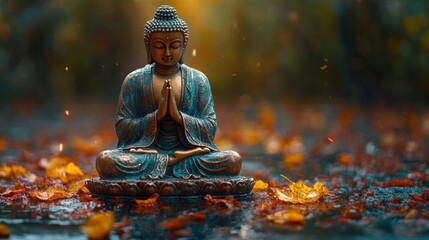 Serene Buddha statue in a tranquil garden surrounded by autumn leaves and soft sunlight