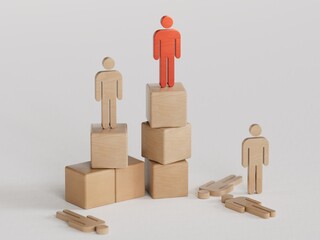 Competitions and winning. Leadership mockup, empty copy space. Wooden champions on winner pedestal and losers on floor.3D rendering on white background.