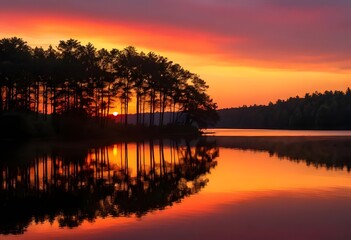 Obraz premium Peaceful Sunset Scene with Silhouetted Trees