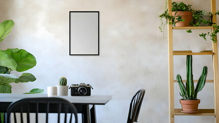 Interior Photo with Plants Frame and Wooden Shelves in Natural Light
