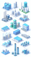 Isometric View Industrial Factories in Blue and White Illustration