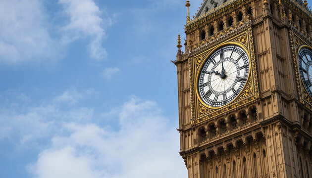 London's iconic Big Ben clock tower stands tall against a bright, cloud-filled sky, its golden face marking the passage of time.