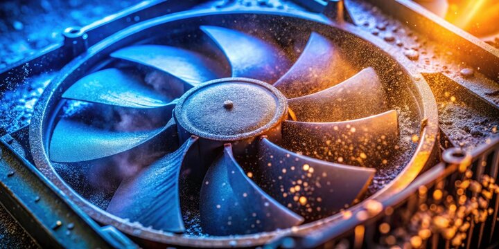 Dusty Air Fan Blades, Overheated Computer CPU, Water Cooler Fan Cleaning,  Processor Dust Build-Up,  Air Cooler Maintenance, Cleaning PC Components
