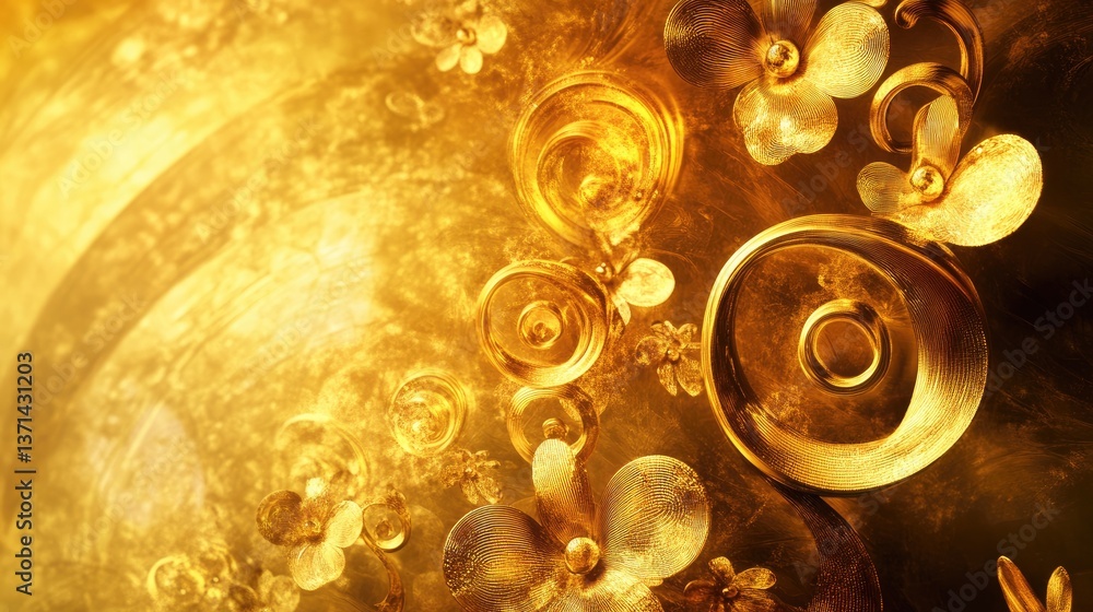 Poster elegant golden floral design with intricate patterns, spirals, and luminous orbs in a mesmerizing ab