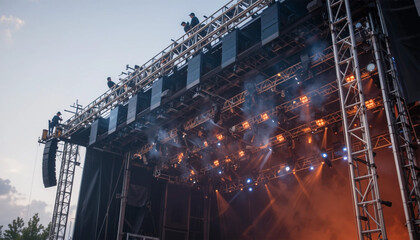 A colossal stage awaits, bathed in the warm glow of anticipation before a massive concert, under a twilight sky.