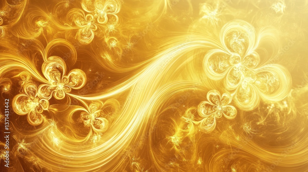 Poster golden abstract swirls and floral patterns with glowing effects in a vibrant and luminous background