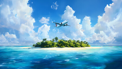 Island Paradise and Airplane: A serene island paradise with crystal-clear waters and lush greenery, an airplane soars overhead in a moment of travel and freedom. The scene is a mix of beauty.