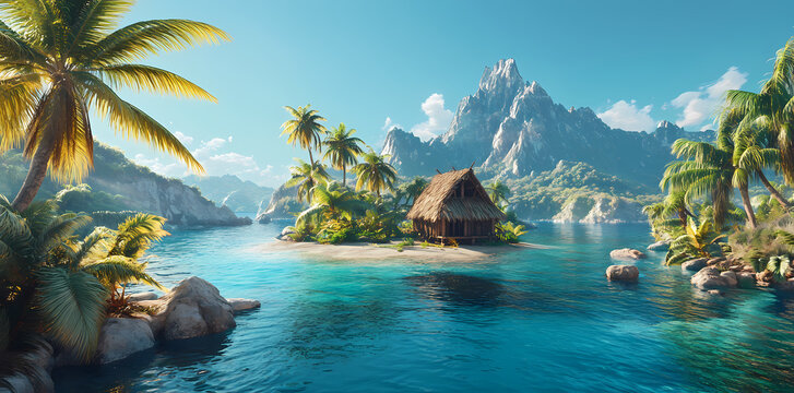 Island Paradise: A tropical island featuring a charming hut nestled amongst lush palm trees, set against a backdrop of a sparkling turquoise ocean and towering mountains under a bright blue sky.