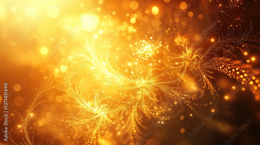 Poster ethereal golden abstract background with sparkling particles and flowing light swirls for creative d