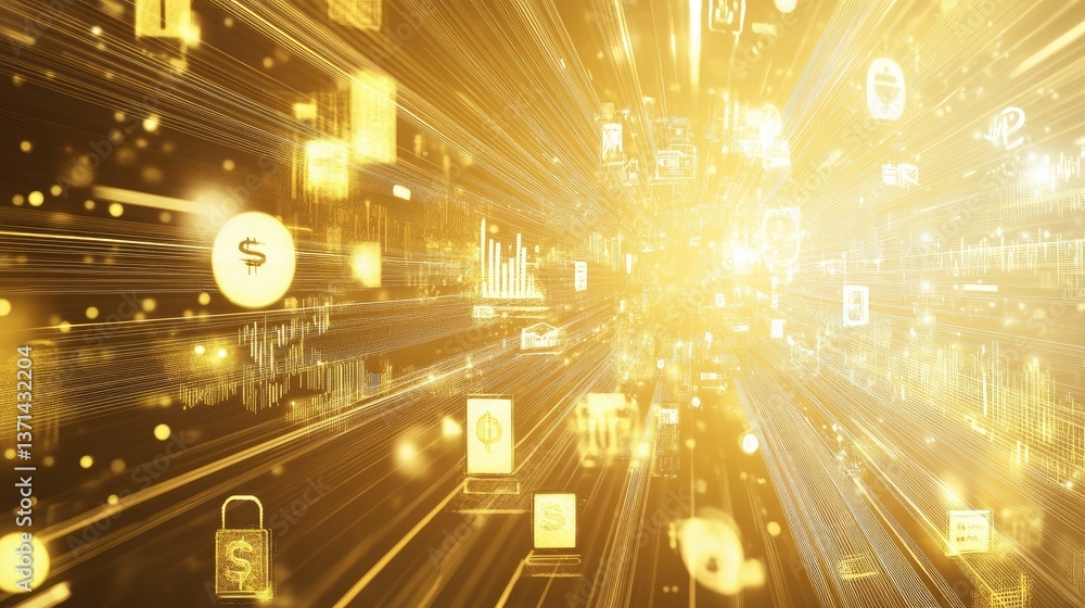 Poster abstract golden digital financial technology background with glowing icons and data streams for inno
