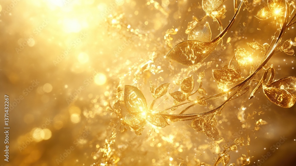 Aufkleber golden sparkling leaves and glowing ethereal background featuring shimmering lights and soft bokeh e