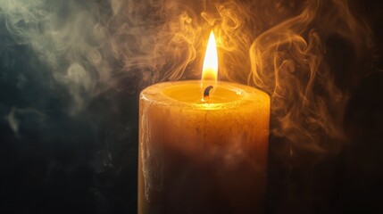 Fototapeta premium Smoky candle in front of a black background, studio shot.