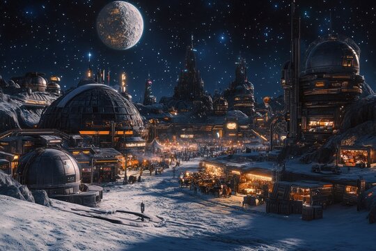 spaceport on a distant moon, vividly capturing a bustling market district under starlit skies