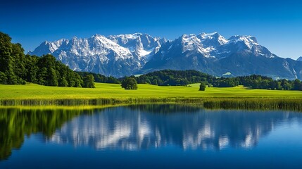 Mountain Lake Reflection on a Bright Sunny Day / 晴れ渡る日の山と湖の反射風景