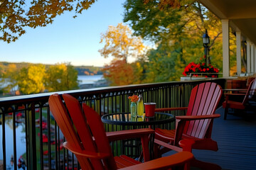 Outdoor Deck With Red Adirondack Chairs Overlooking Autumnal Lake Scenery Photo
