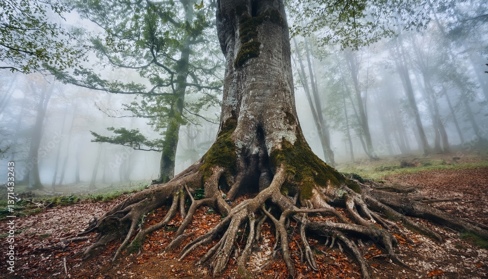 Poster mighty tree with exposed intricate roots standing strong in a foggy forest embodying resilience and 