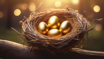 Delicate bird holding three golden eggs softly lit to symbolize long-term security and prosperity
