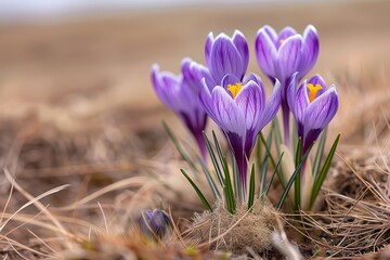 Obraz premium A close-up of vibrant purple crocuses sprouting from the dry, brown grass in early spring on an