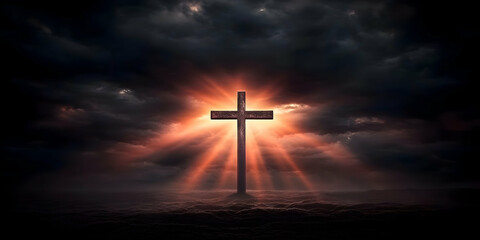 Fototapeta premium Photo Illustration of Illuminated Cross under Dramatic Sky at Dusk