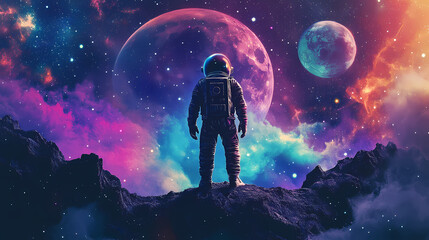 Fototapeta premium Astronaut on Alien Landscape: A solitary astronaut stands on an alien planet, gazing at the majestic celestial bodies above, with a breathtaking view of the galaxies.