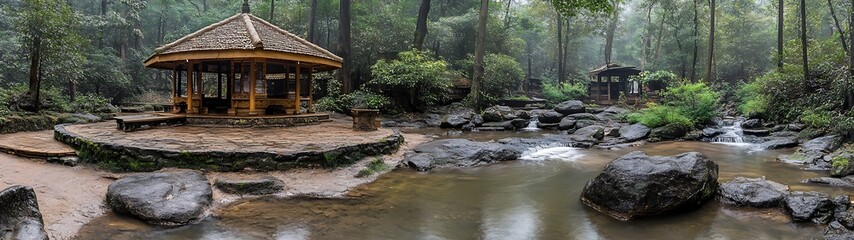 Wooden Gazebo Forest Waterfall